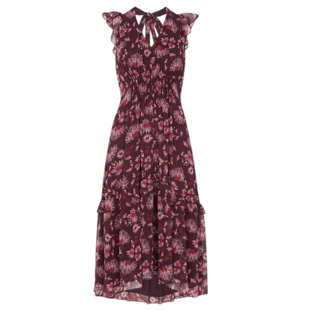 Whistles Pitti Print Double Strap Midi Dress Size 6 Purple Chiffon Fairy Grunge